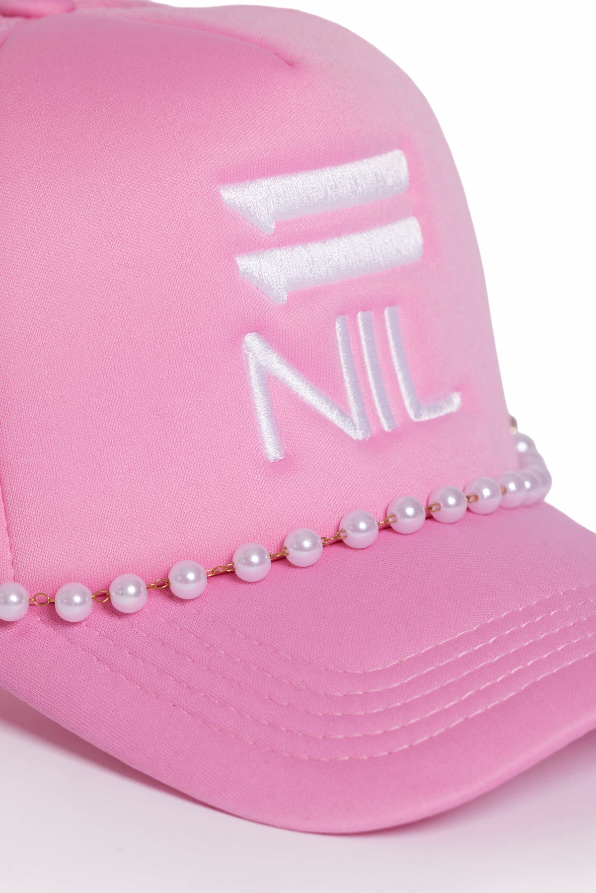 Pearl Power Stacked Trucker Hat in Light Pink/White by 11NIL, photo 6