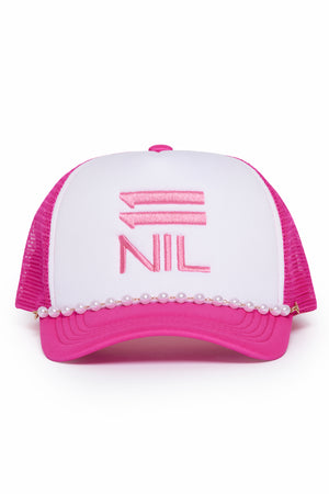 Pearl Power Stacked Trucker Hat in Bubble Hot Pink/White by 11NIL, photo 1