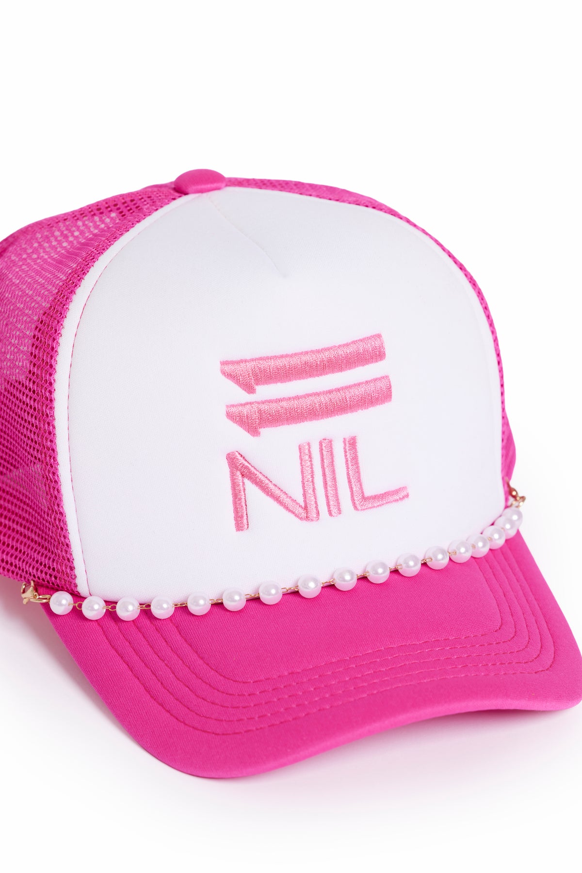 Pearl Power Stacked Trucker Hat in Bubble Hot Pink/White by 11NIL, photo 5