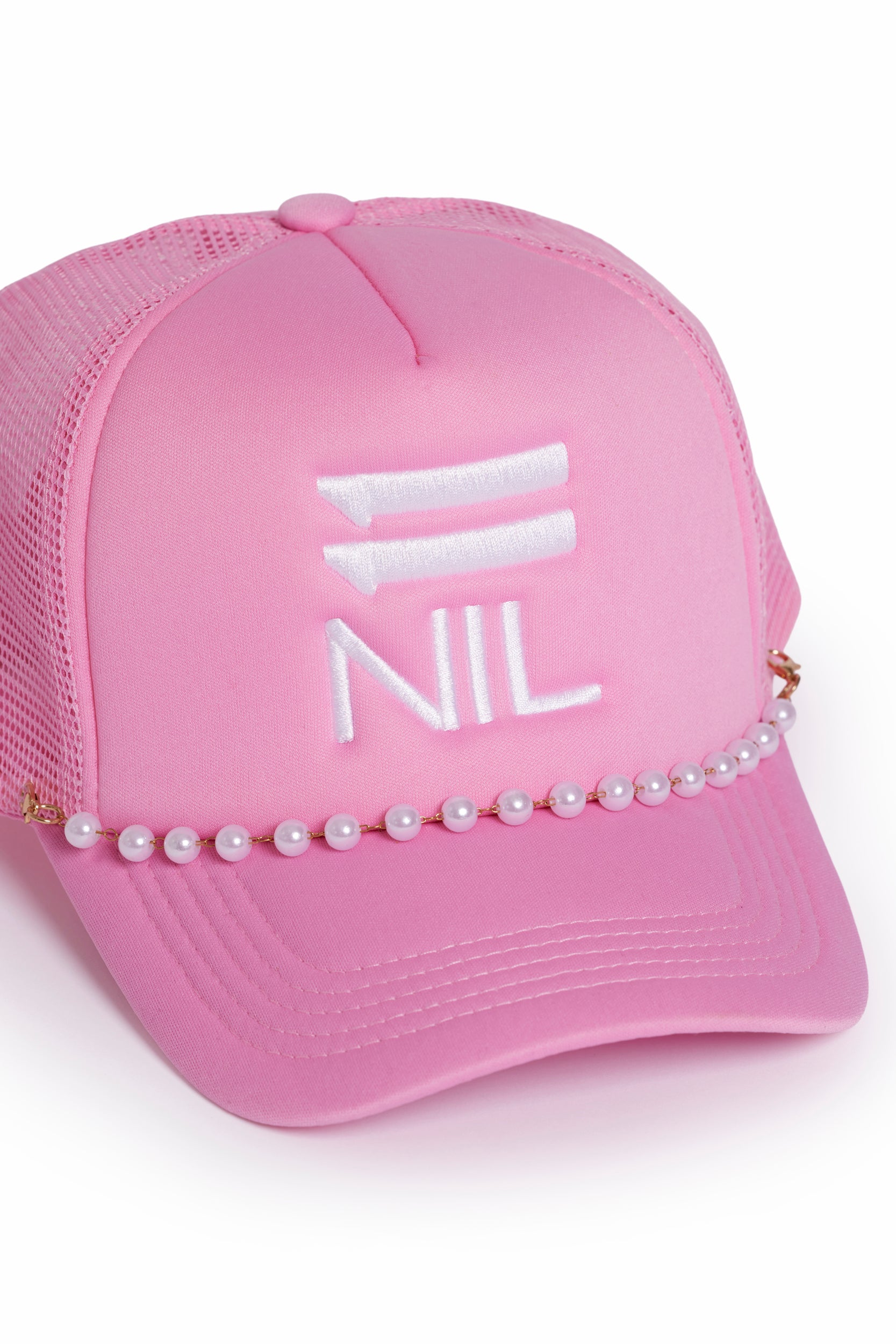 Pearl Power Stacked Trucker Hat in Light Pink/White by 11NIL, photo 5