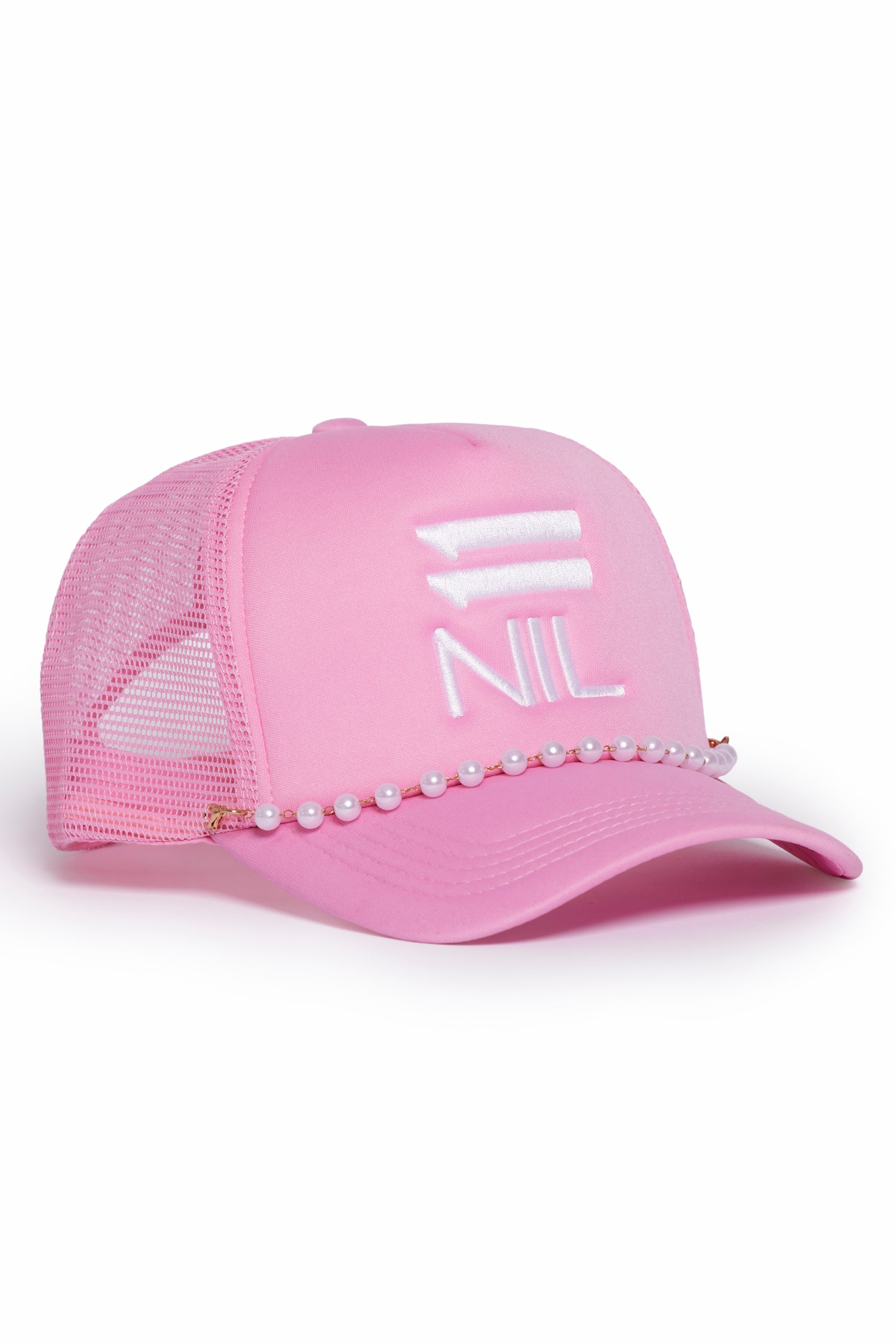 Pearl Power Stacked Trucker Hat in Light Pink/White by 11NIL, photo 8