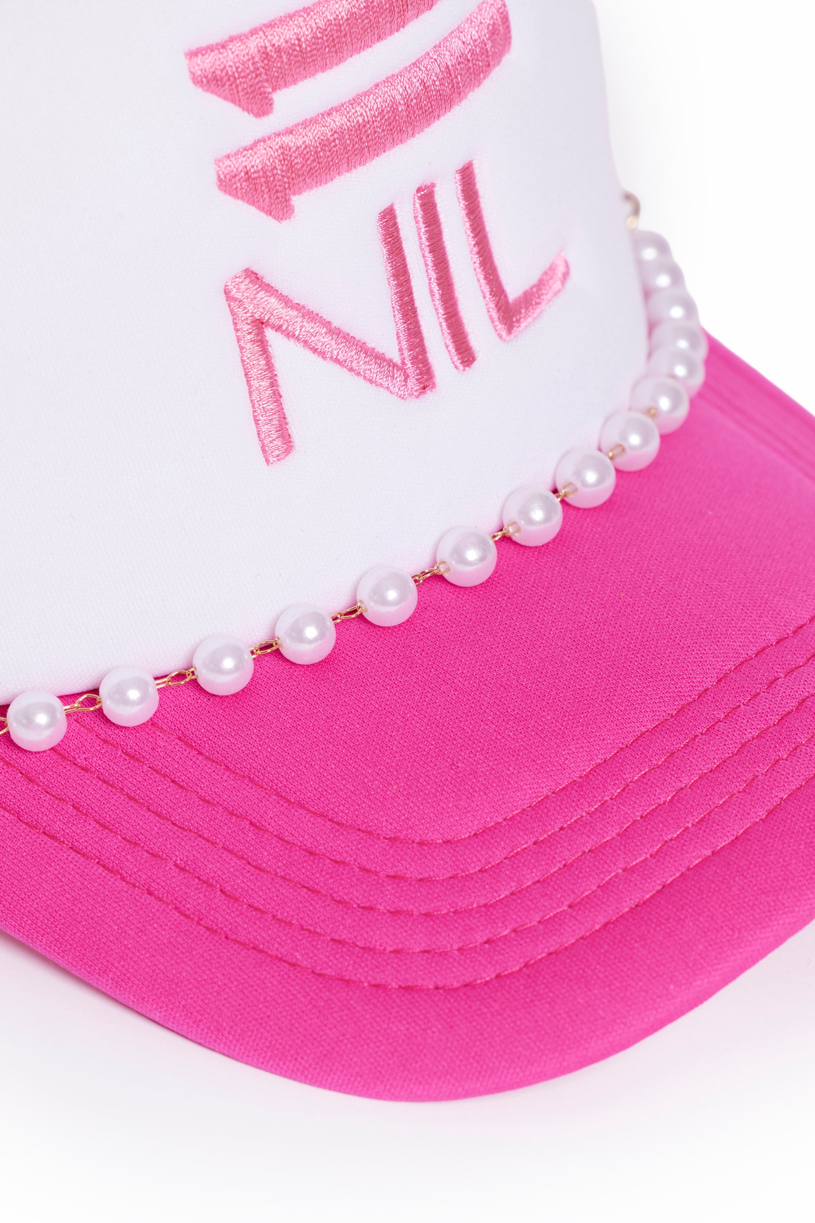 Pearl Power Stacked Trucker Hat in Bubble Hot Pink/White by 11NIL, photo 4