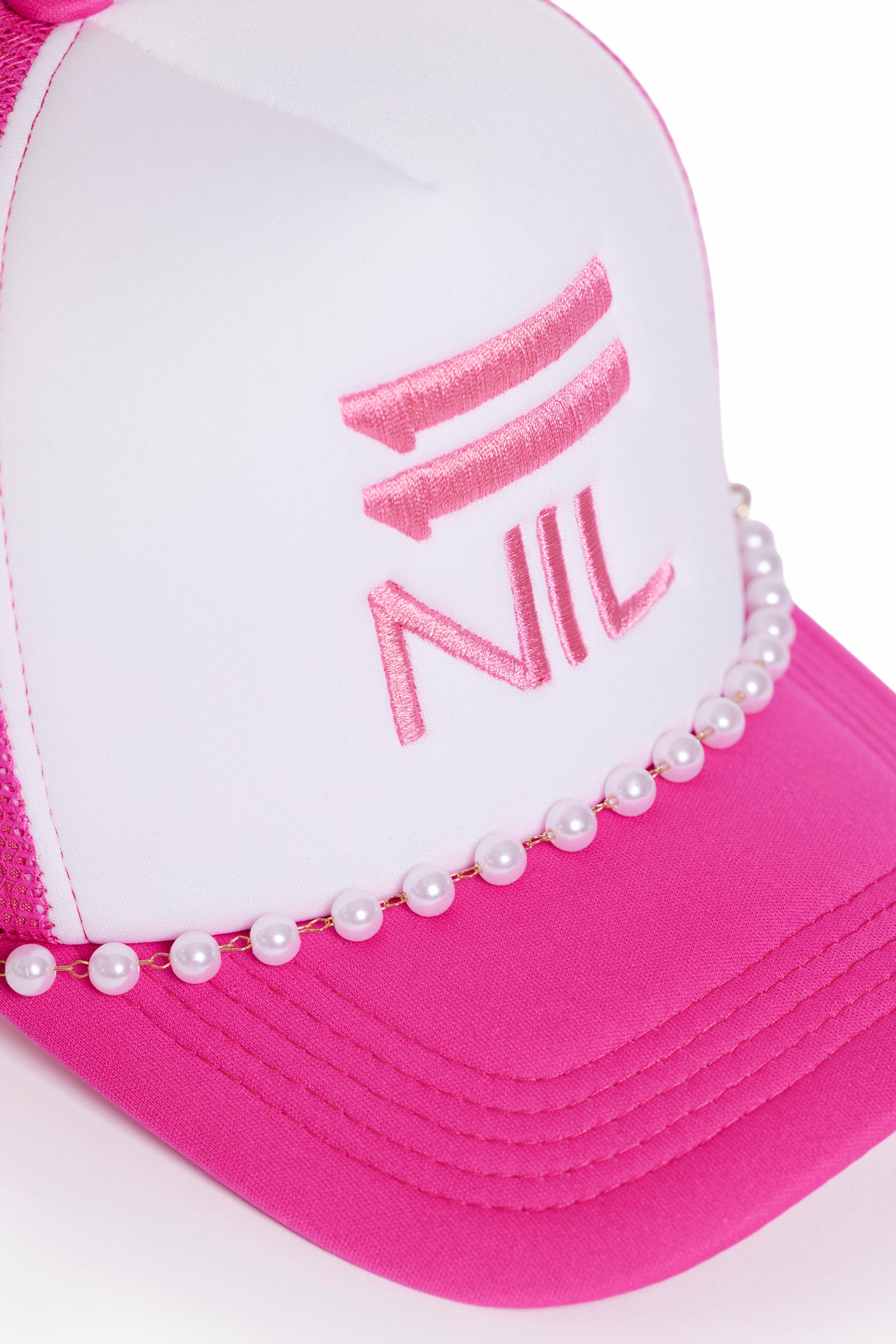 Pearl Power Stacked Trucker Hat in Bubble Hot Pink/White by 11NIL, photo 6