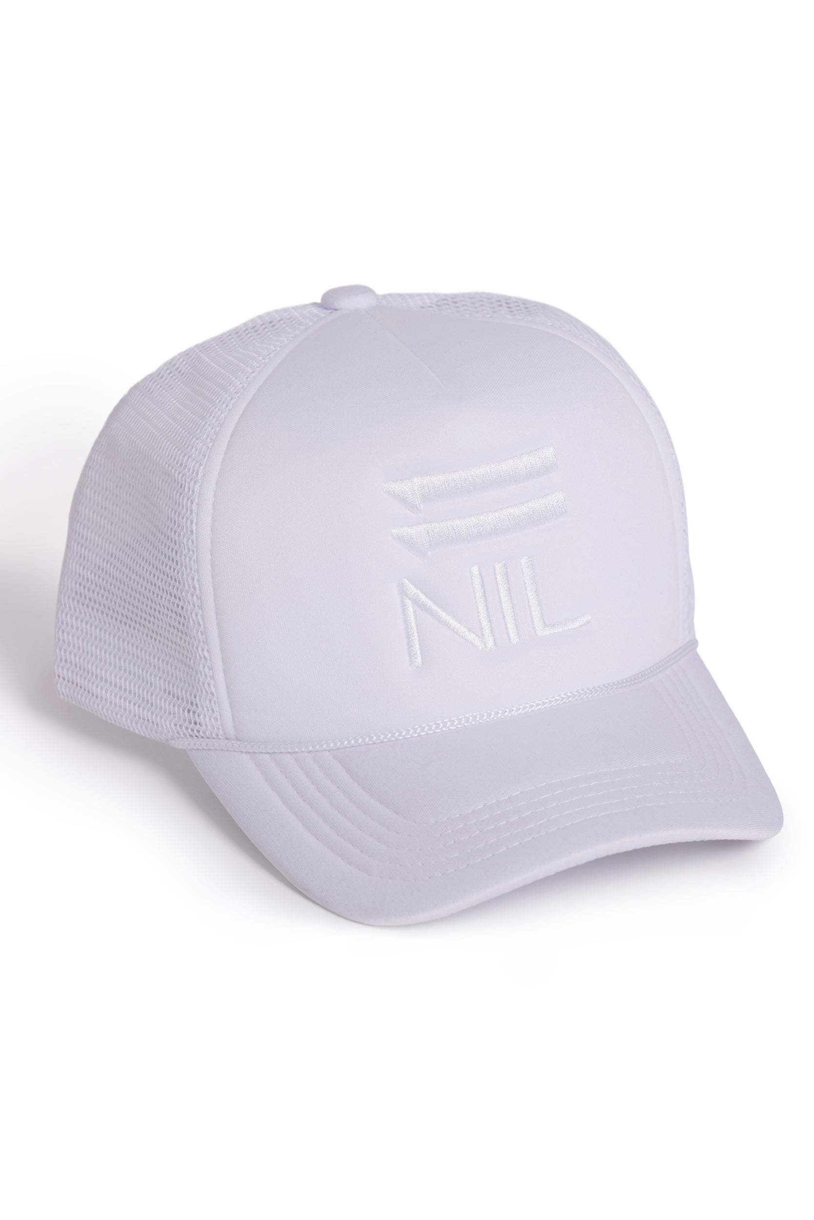 11NIL Signature Stacked Trucker Hat in White by 11NIL, photo 7