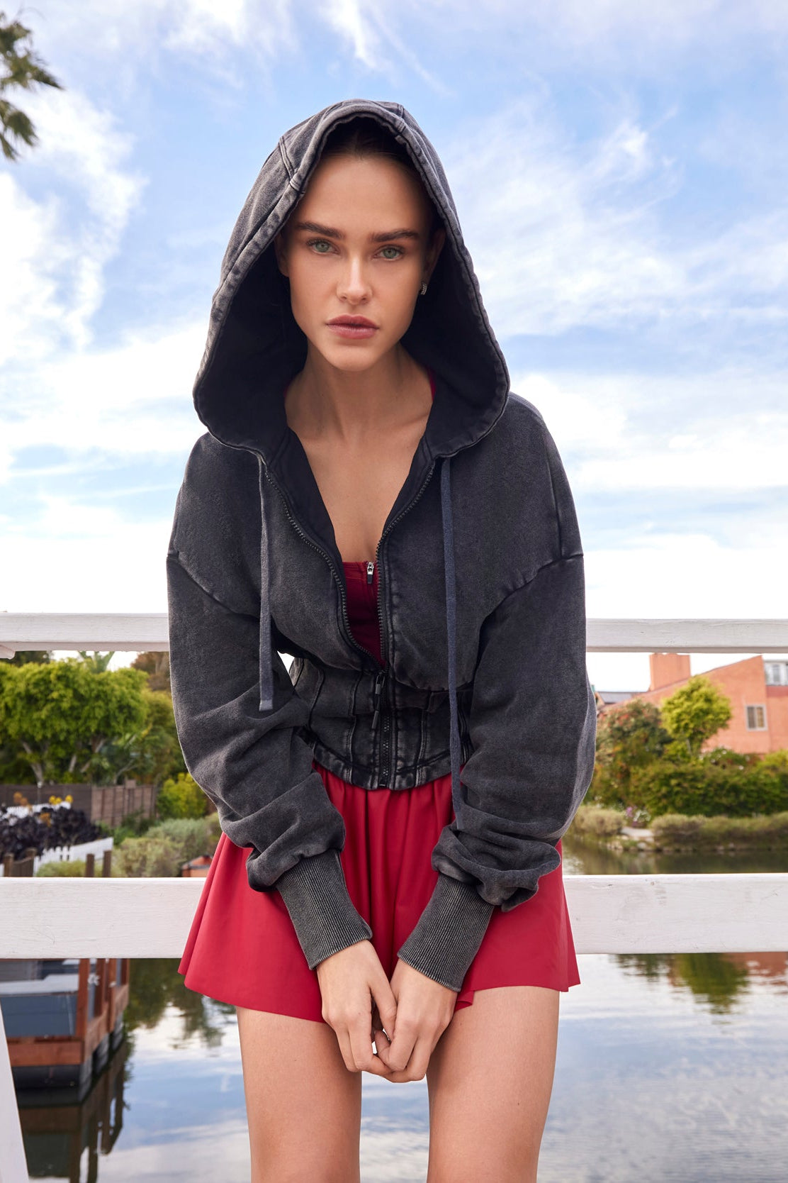 Calgary Corset French Terry Zip Hoodie in Snow Wash Black by 11NIL, photo 2